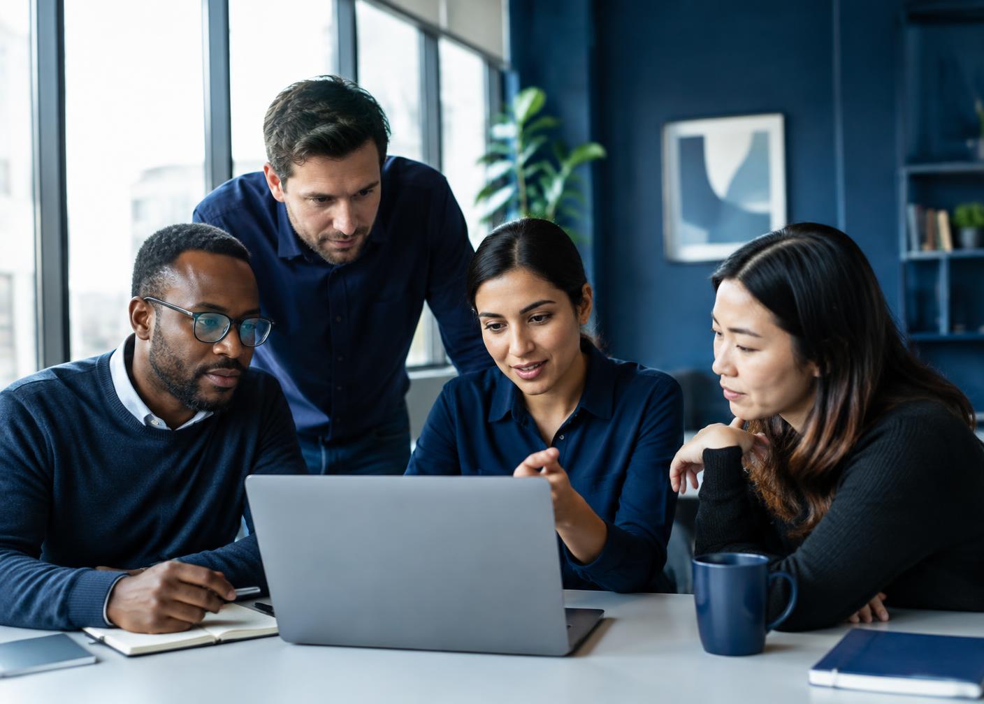 Professionals collaborating around a laptop in a modern office